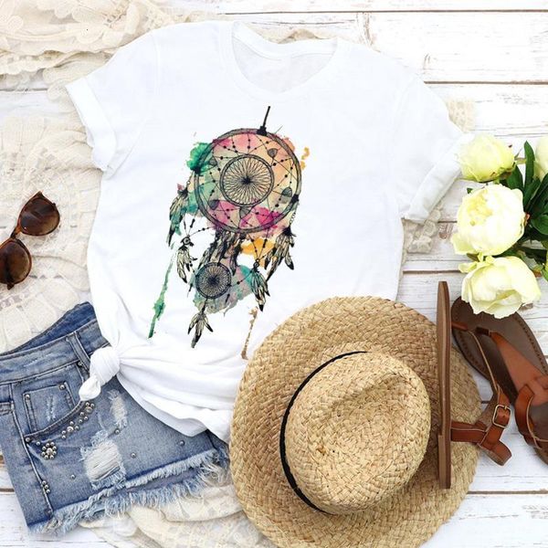 

women graphic vintage feather web watercolor short sleeve 90s tees print t shirt clothing female shirt womens t-shirt, White