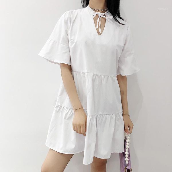 

2020 summer autumn new trumpet sleeve white temperament dress youth girls loose lace v-neck flare sleeve mini loosed 0761, Black;gray