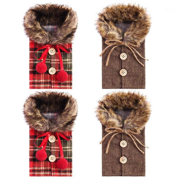 

christmas decorations 4 pcs wine bottle covers plaid clothes linen dress coat design bags for xmas party1