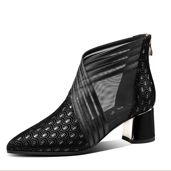 

summer fashion solid mesh high heels pointed toe cross lines decoration ankle lady boots grace women ventilate boots red/black