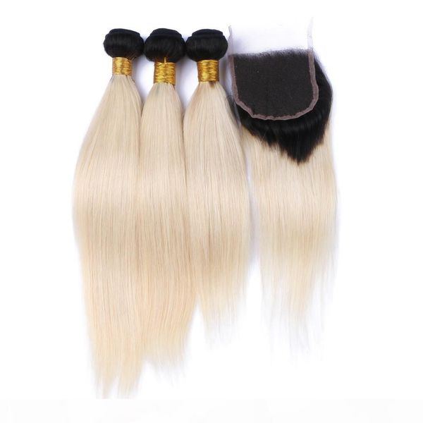 

9a peruvian ombre human hair 3bundles with closure 1b 613 two tone hair weaves with closure silky straight blonde hair with closure, Black