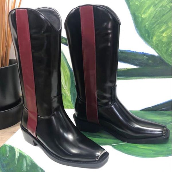 

boots genuine leather western cowboy women retro autumn winter cowgirl high heel mid-calf fashion metal toe shoes1, Black