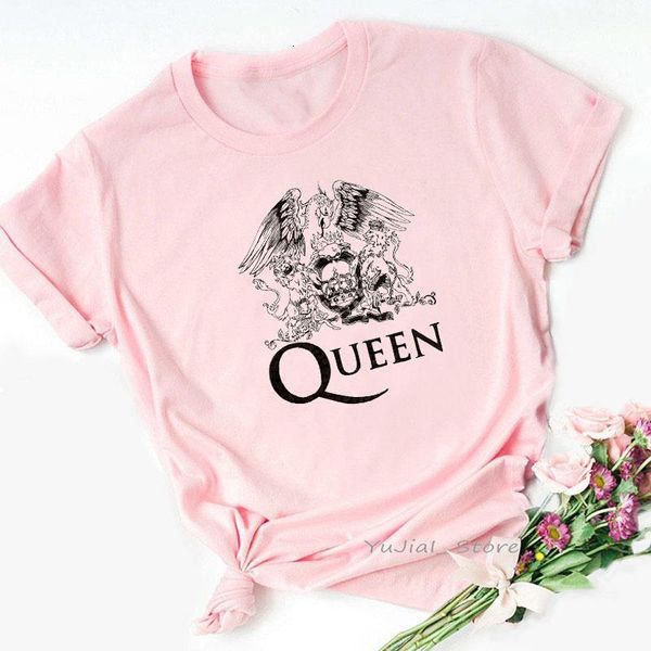 

rock queen band tshirt women freddie mercury print vintage t shirt aesthetic clothes summer female pink graphic t-shirts, White