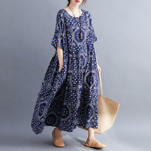 

floral print one piece baggy women summer dresses and sundress o-neck short sleeve midi mori girl cotton linen vestidos, Black;gray