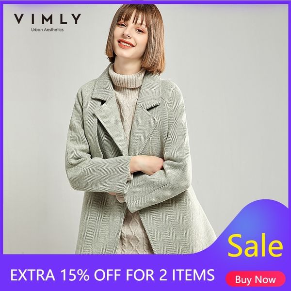 

vimly autumn winter women welsh stripe plaid woolen coat elegant lapel single button solid belt female short jacket 30132 201030, Black