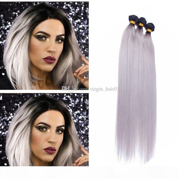 

ombre peruvian human hair bundles two tone sliver grey straight hair weave malaysian straight gray hair wefts virgin indian bundles 3pcs lot, Black;brown