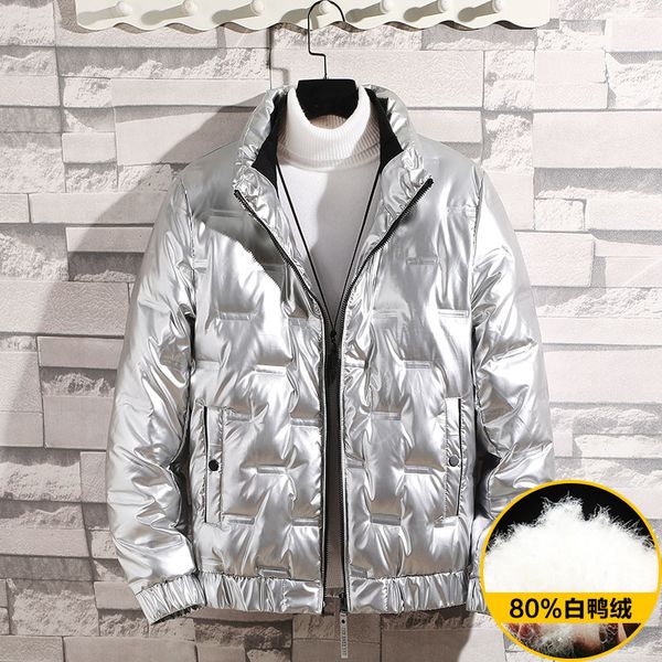 

80% white duck brick wall 2020 winter stand collar short bright face down men's large warm jacket s011, Black;brown
