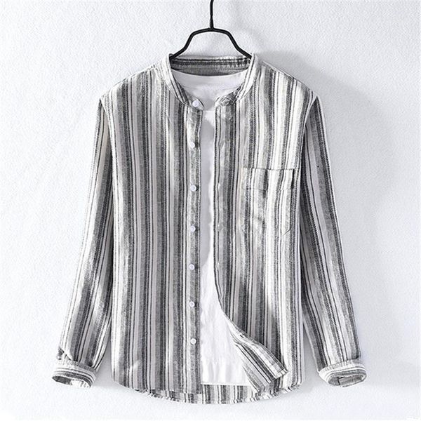 

casual striped long-sleeved linen shirt men's new fall 2019 slim cotton linen shirt 93121, White;black