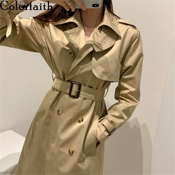 

colorfaith new autumn winter women's windbreaker cargo buttons vintage oversize lace up office lady long trench jk1310 201226, Tan;black