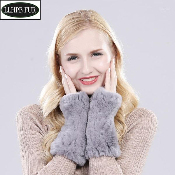 

five fingers gloves women100% genuine knitted rex fur mittens winter warm lady real fingerless handmade knit mitten1, Blue;gray