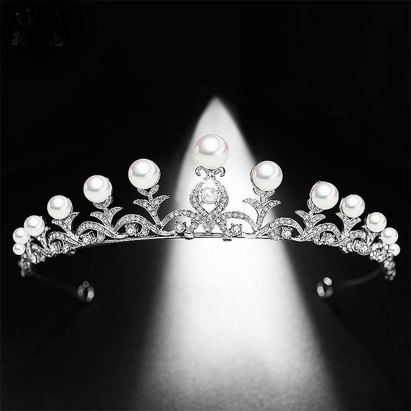 

silver color leaf pearl rhinestone bride tiara crown headdress queen princess diadem wedding bridal hair jewelry accessories sl, Golden;silver