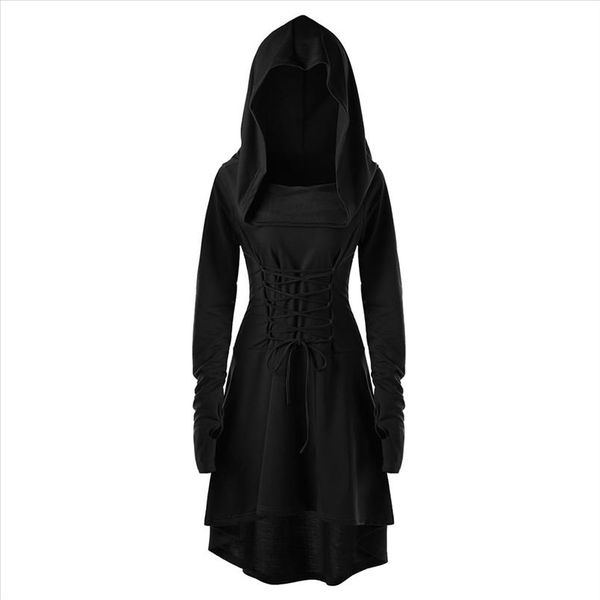 

dress women autumn costumes lace up gothic dress hooded vintage pullover high low bandage long vestido t3g, Black;gray