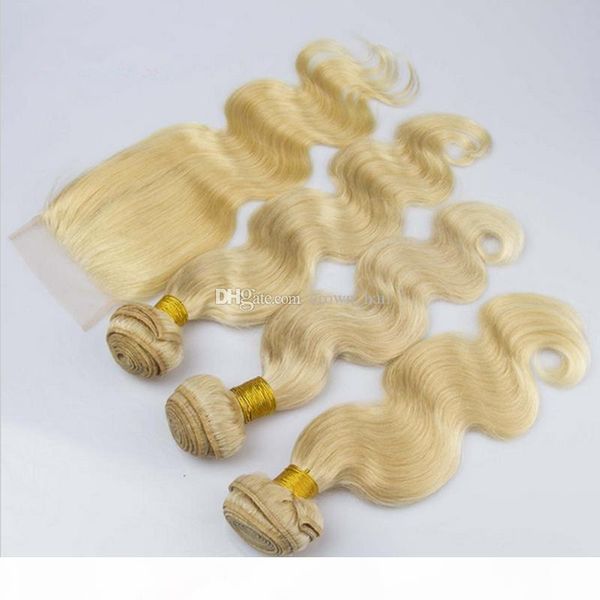 

body wave light blonde # 613 чистого цвет волосы пучков 3шт с кружевом фронтальной 4 шт лота необработанными 9 бразильским ткет волос, Black