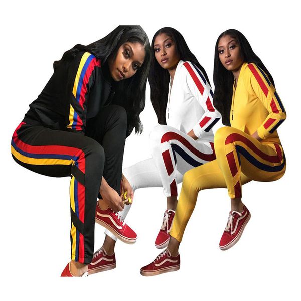 

factory direct sale european and american women's casual long-sleeved color matching sports trousers two-piece suit, White