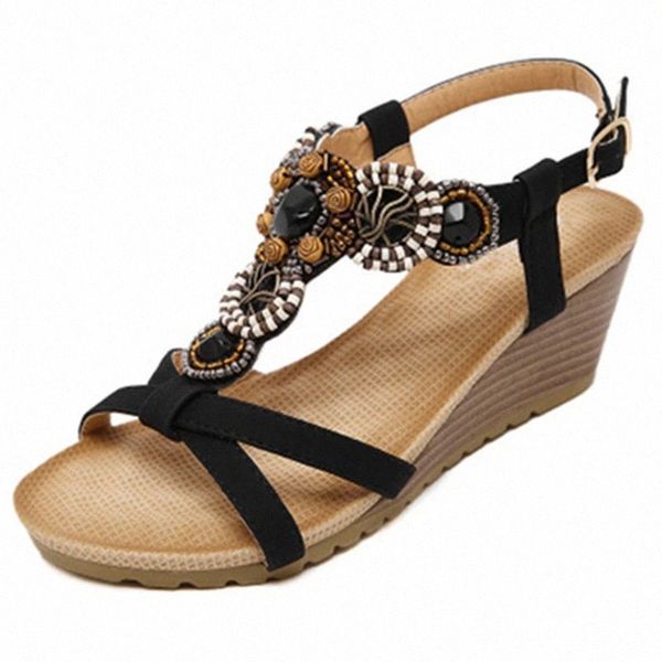 

new arrival summer women wedges open toed sandals fashion bohemia style string bead crystal women med heel casual beach shoes #z85w, Black