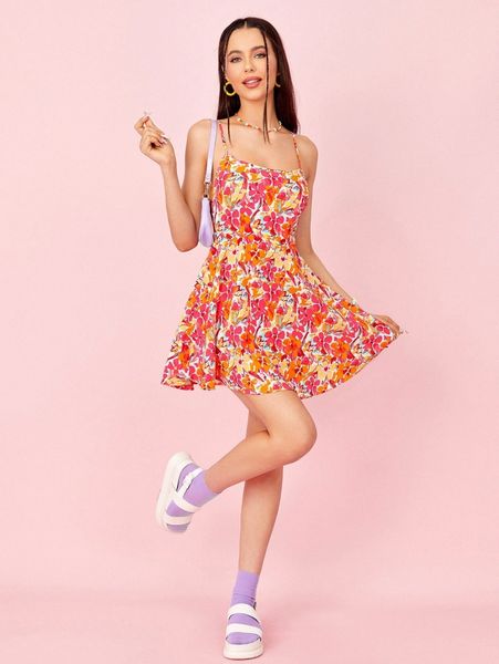 

crisscross tie backless allover floral cami dress p9p2#, Black;gray