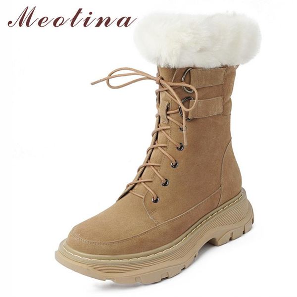 

meotina natural genuine leather ankle boots woman snow boots flat platform short lace up female shoes fur warm winter 39, Black
