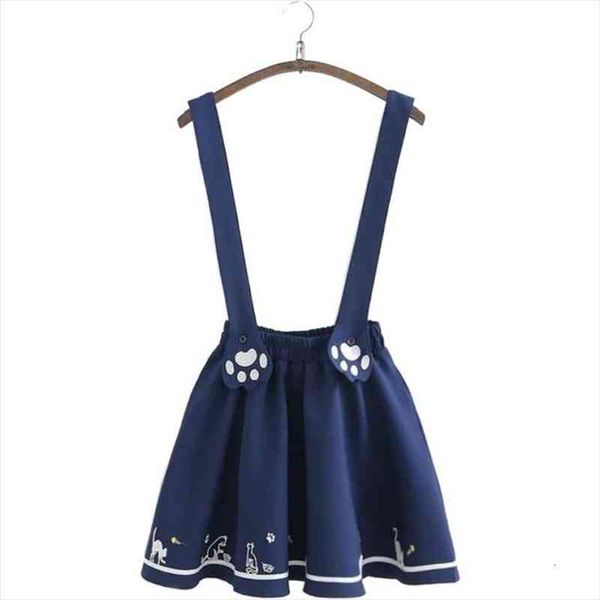 

summer women skirts cartoon cat dog embroidery skirt harajuku kawaii japan style cute chiffon strap mini skirt, Black
