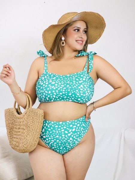 

plus dalmatian tie shoulder bikini swimsuit z8o2#, Black