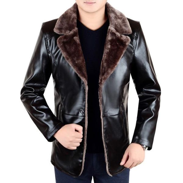 

smart casual winter thick warm fleece lining men pu leather jackets long sleeve single breasted lapel loose male outerwear coats, Black