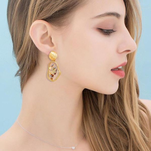 

european and american new creative retro alloy transparent inlaid broken shell geometric irregular earrings, Golden;silver