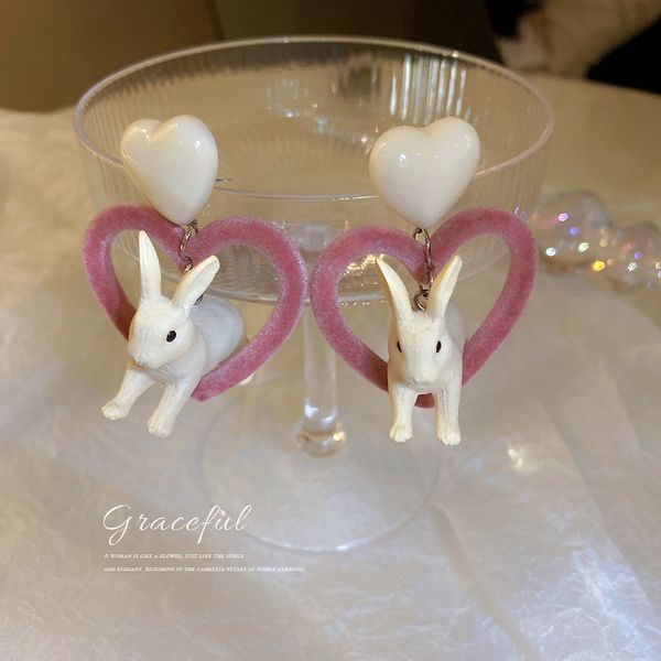 

925 silver needle rabbit flocking love heart earrings korean mori cute sweet girly eardrop personalized earrings temperament, Golden