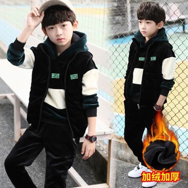 

boys autumn and winter 2020 new children's korean version of handsome plush thickened sweater three piece suit fashion 8-12 years old, White