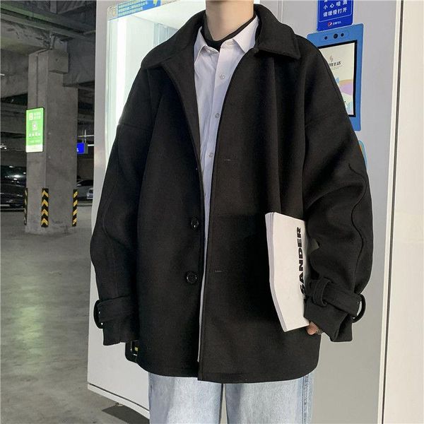 

men's wool & blends 2021 woolen winter coat men short loose handsome jacket mens overcoat, Black