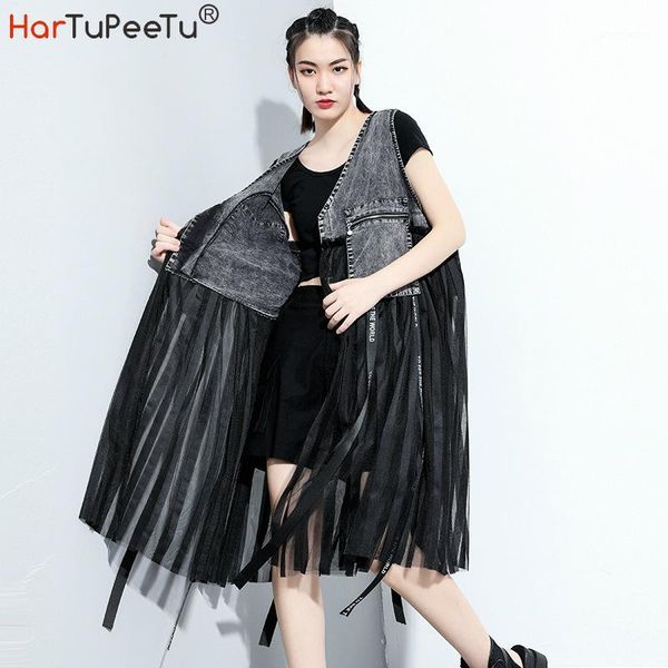 

women's vests stylish jeans vest long women cardigan summer oversize sleeveless outwear patchwork pleated mesh ribbons zipper pockers d, Black;white