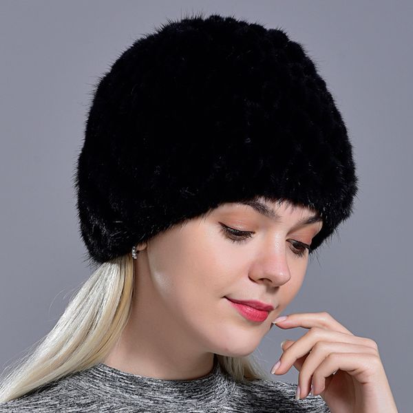 

winter womens mink hats natural real knitted cap fashionable fluffy ladies genuine beanie female black fur caps t200106 s, Blue;gray