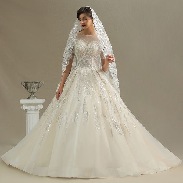 

2021 arabic luxury short sleeves lace ball gown wedding dresses tulle applique beaded ruched chapel train bridal wedding gowns cph199, White
