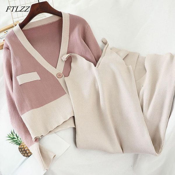 

ftlzz women two pieces set v-neck knitted coat and spaghetti strap dress suit spring sweaters jacket and knitted dress set1, White
