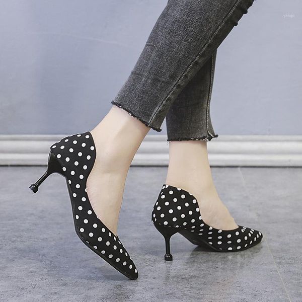

dress shoes fairy style bow single 2021 summer pointed fashion high heels women's fine with polka dot wild1, Black