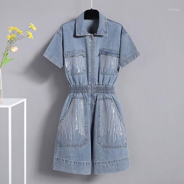 

cocoepps 4xl summer plus size denim playsuit woman large size zipper short jumpsuit rompers casual slim denim playsuits overalls1, Black;white