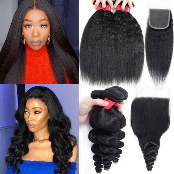 

9a brazilian human hair bundles with closure unprocessed loose wave hair extension weaves with lace closure virgin hair bundles with closure, Black;brown