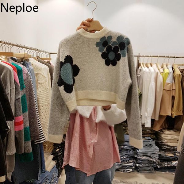 

women's sweaters neploe winter clothes women knitted cropped pullovers print floral loose thicked warm jumper fashion woman 4f876, White;black