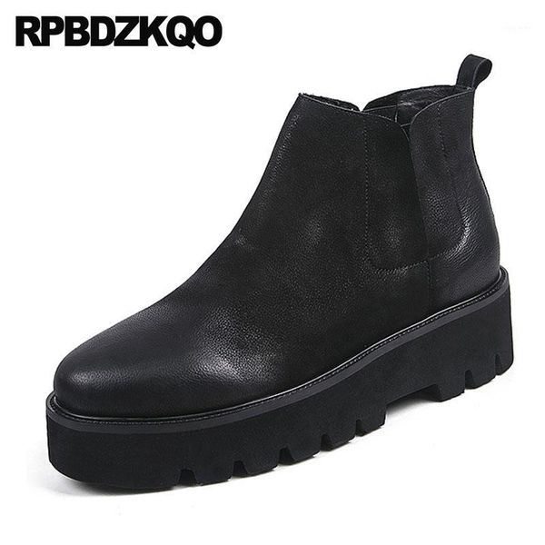 

high ankle winter boots thick soled wedge fur sole real leather runway booties platform men slip on casual shoes1, Black