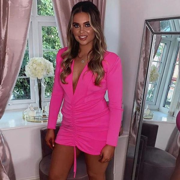 

pleated dress women drawstring deep v neck long sleeve bodycon party autumn winter clothes club streetwear, Black;gray