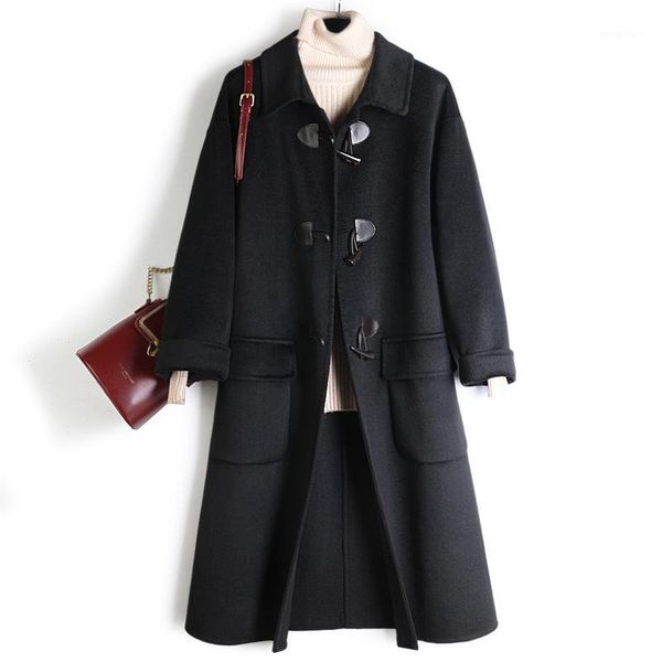 

abrigos mujer invierno 2020 turn-down collar horn button wide-waisted pockets wool womens winter clothing black outwear1