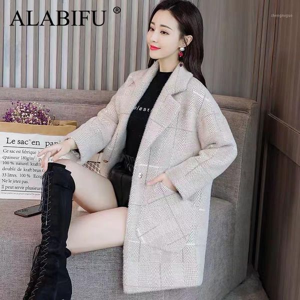 

alabifu autumn winter coat women 2019 korean casual jacket women plus size warm thick plaid long coat beige pink manteau femme1, Black