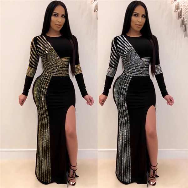 

womens designer dresses drill rhinestone crew neck split long sleeve dress fashion casual female clothing, Black;gray