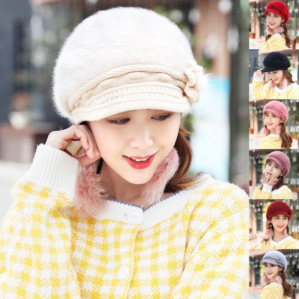 

beanie/skull caps e soft, cute, fashionable women's winter knitted solid color comfortable flower decorated warm beret drop, Blue;gray