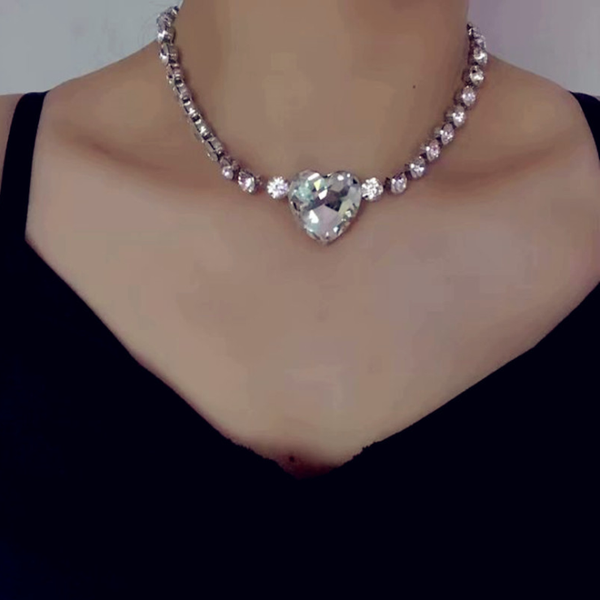 

chains women luxury rhinestone love necklace exaggerated clavicle chain choker female, Silver