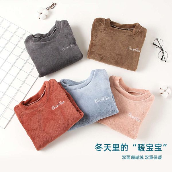 

children's warm pants double-sided coral plush thickened autumn and winter new pajamas set home wear, Blue;red