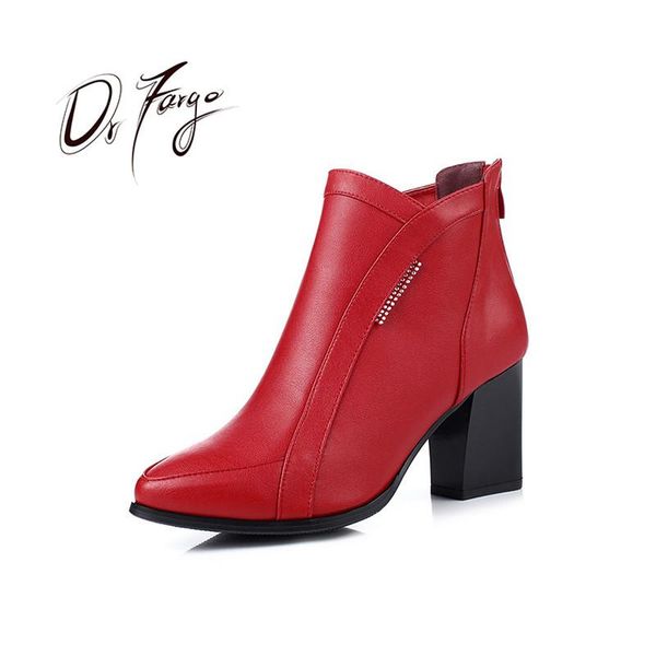 

boots drfargo genuine leather shoes women ankle winter square high heel wool pad handmade boot black
