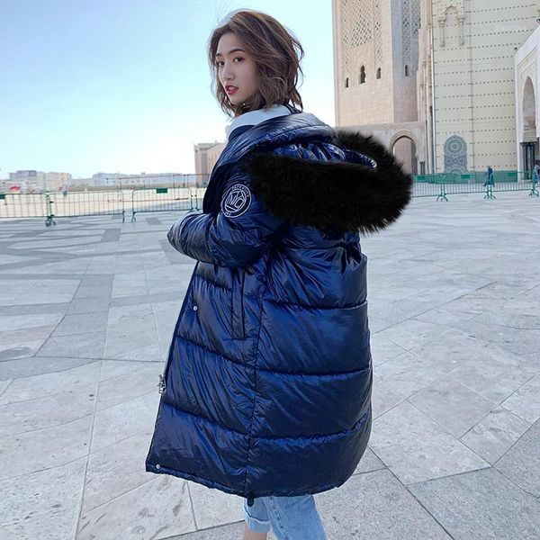 

new winter jacket women warm thicken hooded with real fur long coat shining fabric stylish female parka1, Black