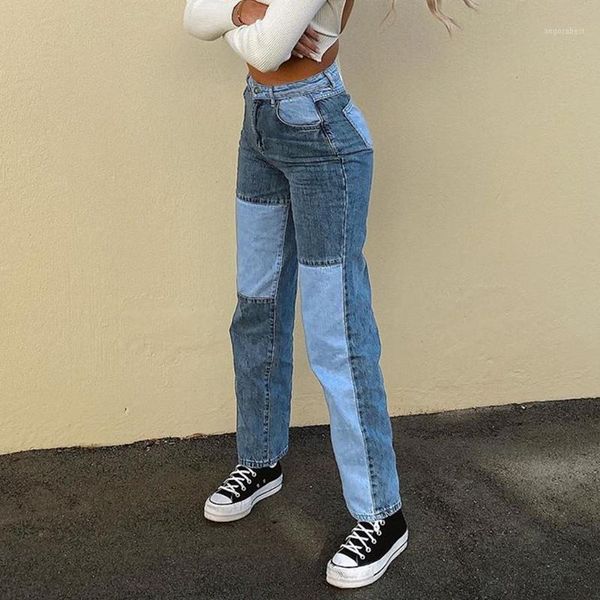 

women's jeans patchwork women straight pants high waist denim baggy streetwear distressed woman vaqueros mujer 20211, Blue