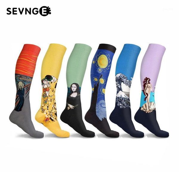 

sevnge 1pair compression socks famous oil painting scream star sky socks women nylon chinlon fashion stocking happy1, Black