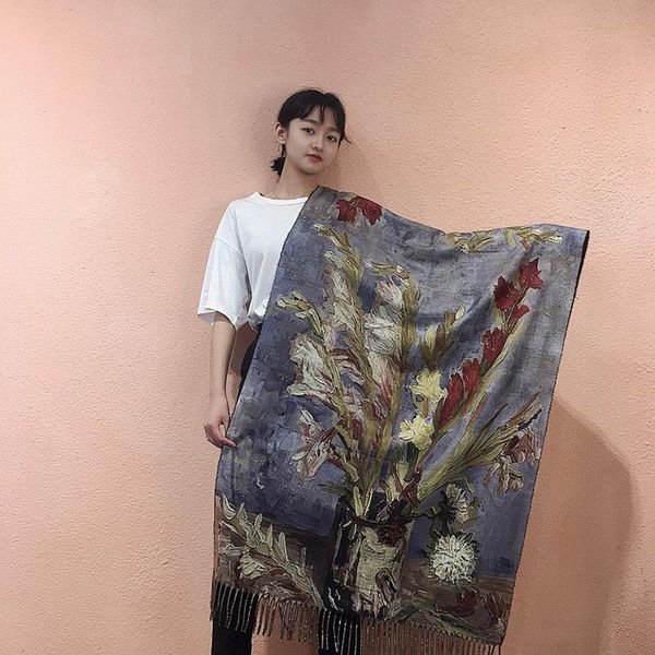 

scarves digital print cashmere scarf women shawl femme oil painting floral wrap stole winter warm cape blanket, Blue;gray