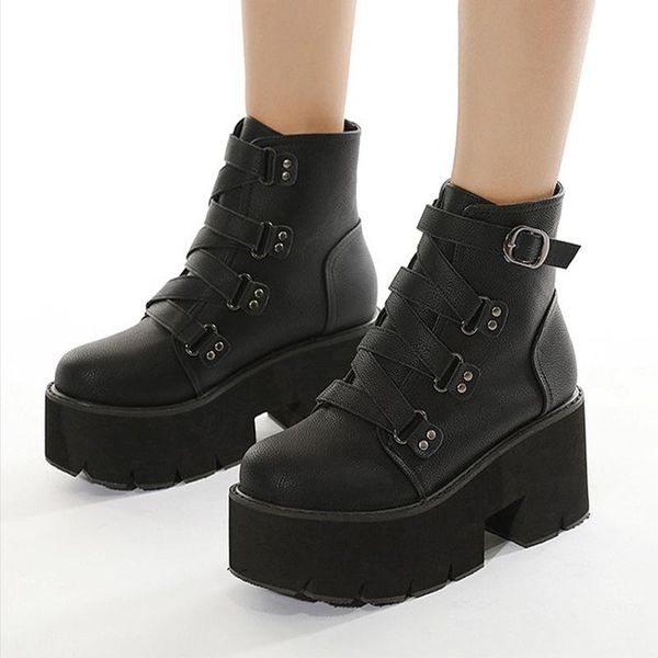 

winter ladies waterproof botas mujer women ankle boots platform woman lace up fashion shoes pu leather buckle strap for woman, Black